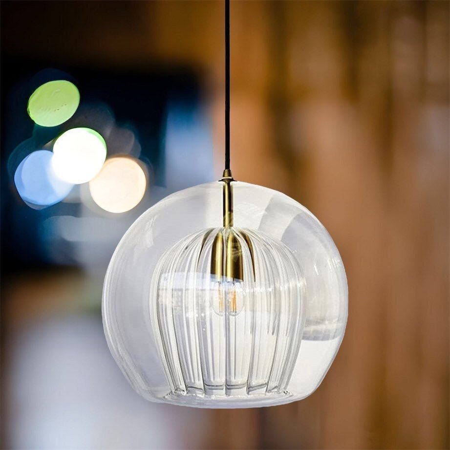 Modern Blown Glass Pendant Light – Smoky Grey with Ribbed Design