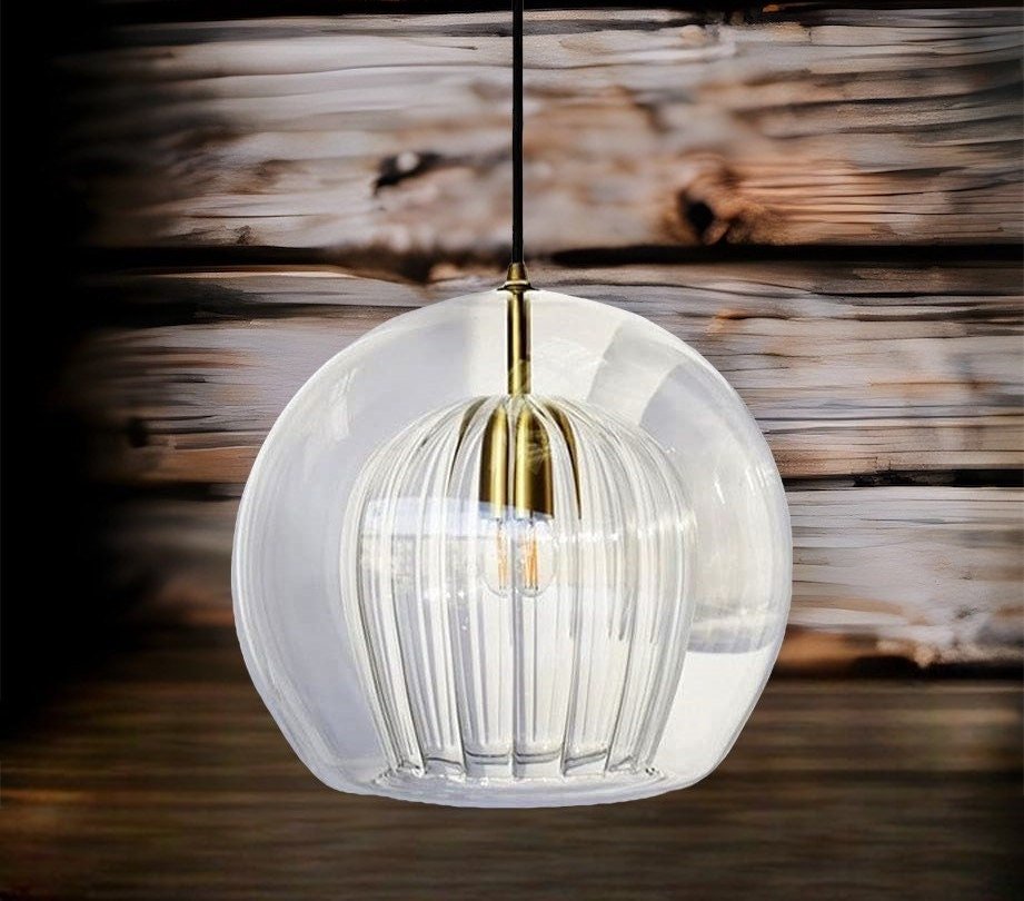 Modern Blown Glass Pendant Light – Smoky Grey with Ribbed Design